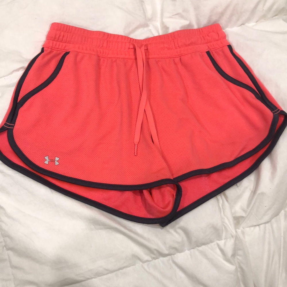 Bright coral and grey under armor workout shorts